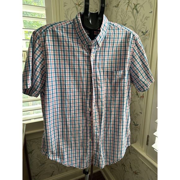 J. Crew Pink/Blue Plaid Short Sleeve 100% Cotton Button Down men’s Large - Picture 1 of 5